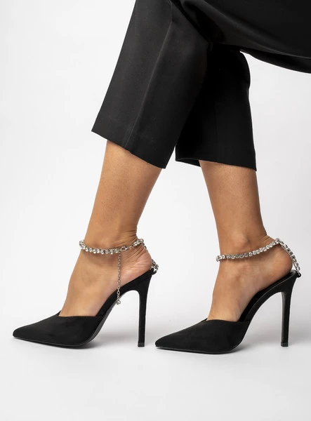 Damskie Szpilki KAYLA Black – Błyszczący Urok i Biżuteryjny Akcent