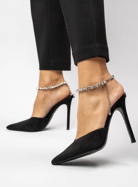 Damskie Szpilki KAYLA Black – Błyszczący Urok i Biżuteryjny Akcent