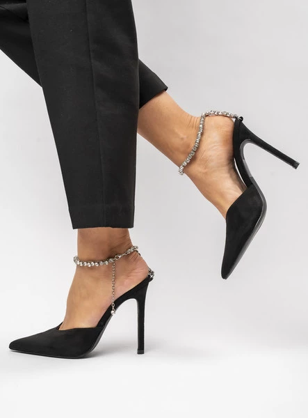 Damskie Szpilki KAYLA Black – Błyszczący Urok i Biżuteryjny Akcent